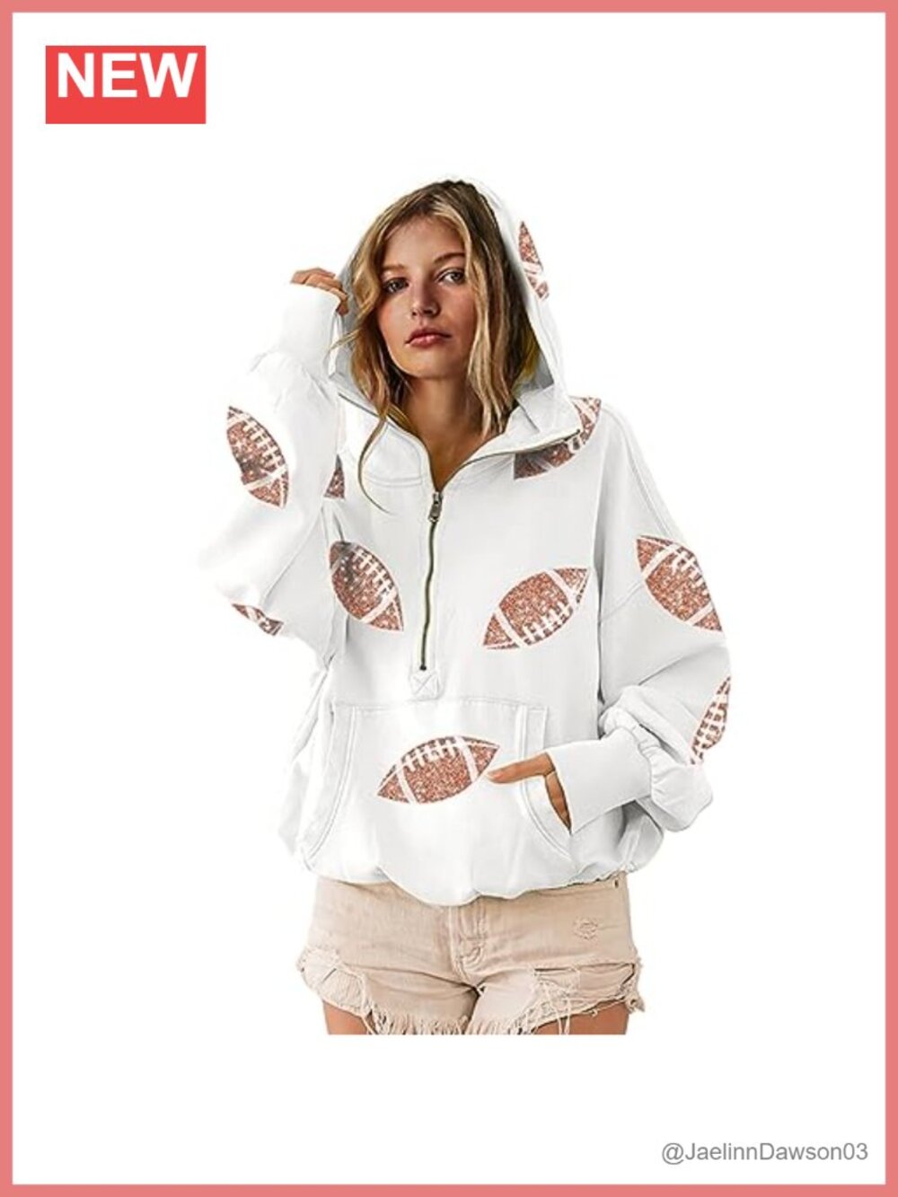 Sequin Football Hoodie Half Zip Kangaroo Pocket Oversized Sweatshirt